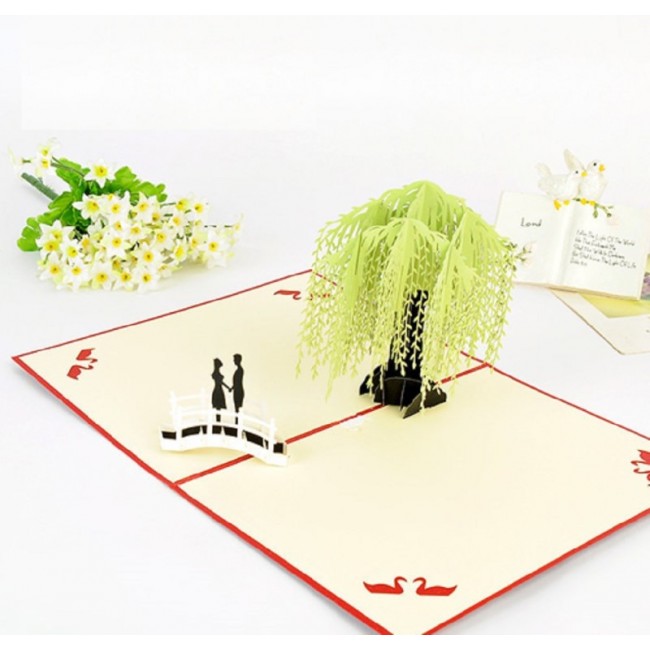 Handmade 3d Pop Up Card Couple On The Bridge Green Willow Tree Valentines Birthday Easter Engagement Wedding Anniversary Party Invitation Card Gift For Him Her Friend Family